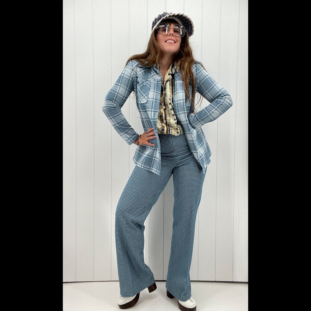 Vintage 70s Blue Check Flare Pantsuit Set | Size M/L